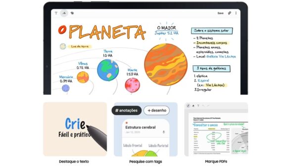 Galaxy Tab S6 Lite, o melhor tablet para estudar. Imagem mostrando suas funções e anotações com S Pen.